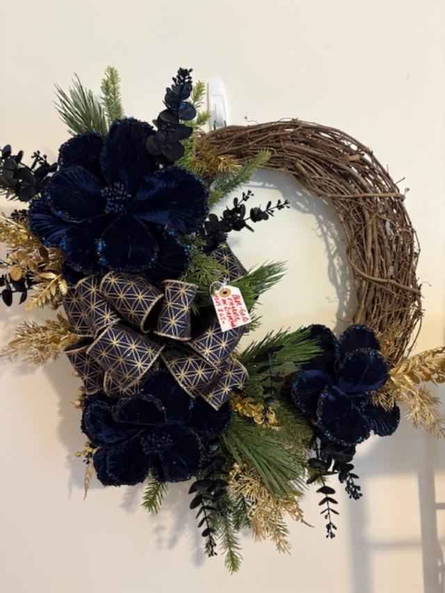 Velvet Midnight Blue Poinsettia Flowers on Grape Vine Wreath